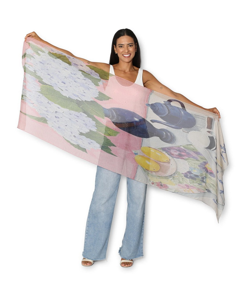 The Artists Label blue hydrangeas and Book of Flowers silk chiffon scarf with floral print and soft, flowing fabric.