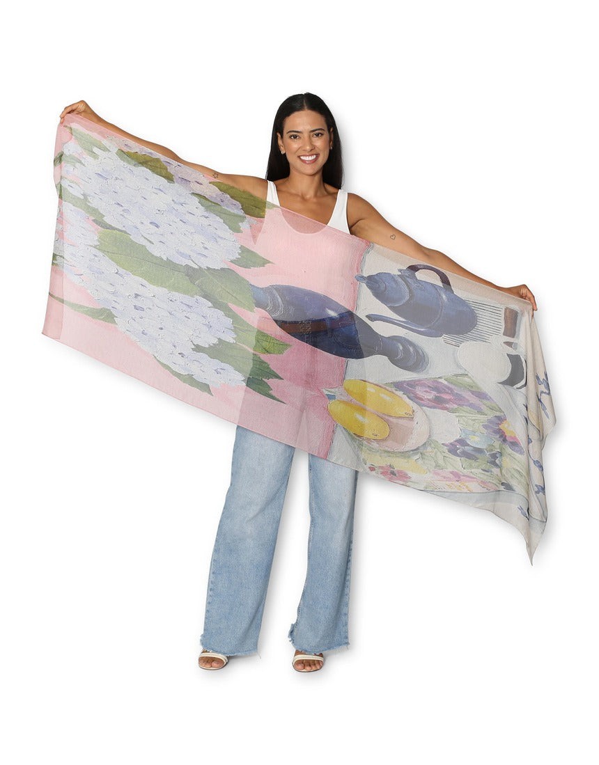 The Artists Label blue hydrangeas and Book of Flowers silk chiffon scarf with floral print and soft, flowing fabric.