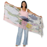 The Artists Label blue hydrangeas and Book of Flowers silk chiffon scarf with floral print and soft, flowing fabric.