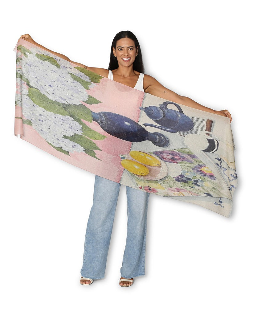 The Artists Label wool scarf featuring a blue hydrangeas and Book of Flowers floral pattern, soft fabric with vibrant design.