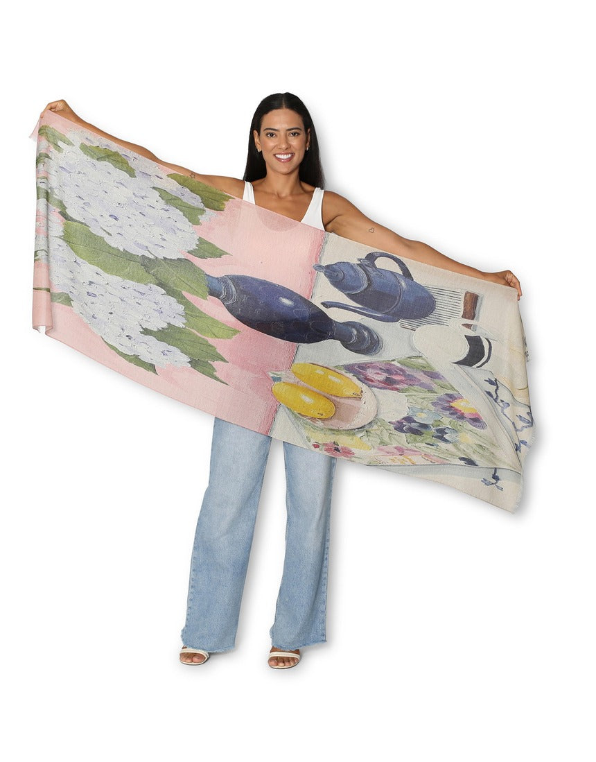 The Artists Label wool scarf featuring a blue hydrangeas and Book of Flowers floral pattern, soft fabric with vibrant design.