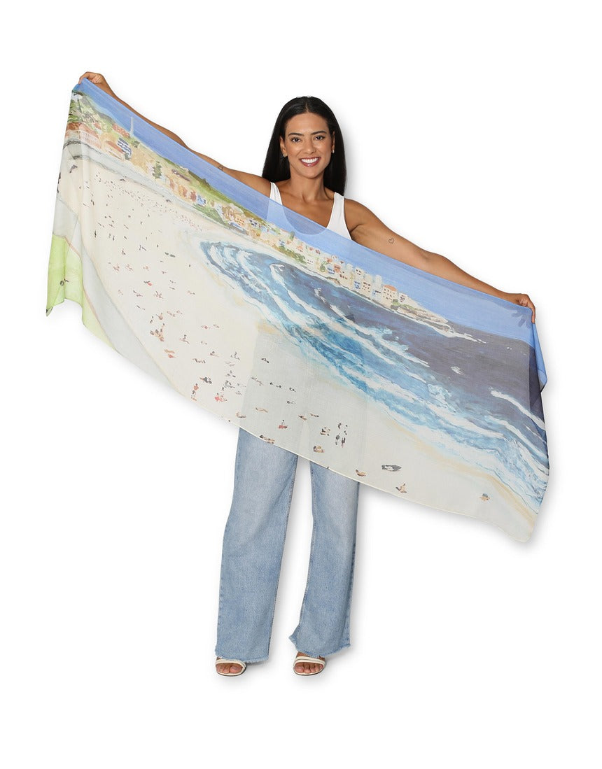 The Artists Label Bondi Scarf featuring vibrant floral and abstract patterns in soft, flowing fabric.