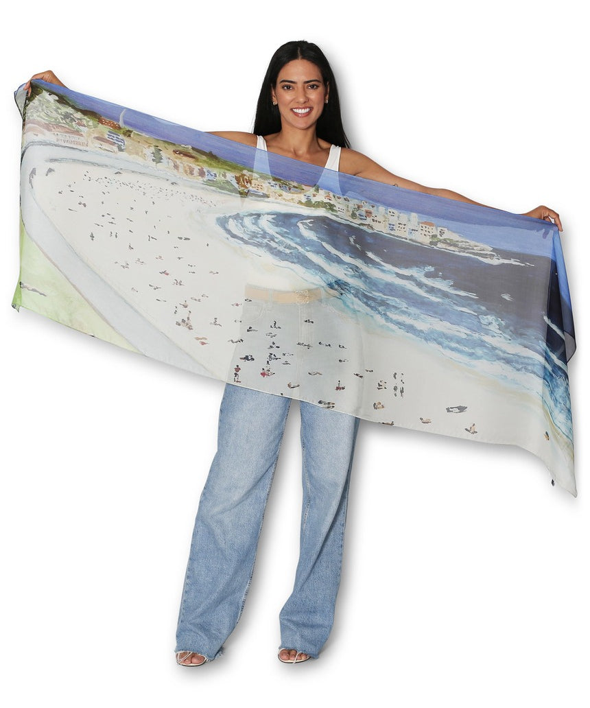 Model wearing The Artists Label Bondi Silk Chiffon Scarf, showcasing its lightweight, flowy fabric and vibrant design.