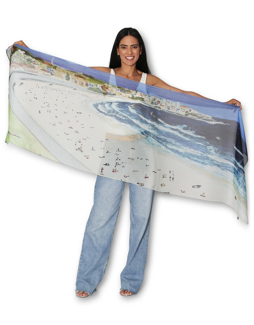 Model wearing The Artists Label Bondi Silk Chiffon Scarf, showcasing its lightweight, flowy fabric and vibrant design.