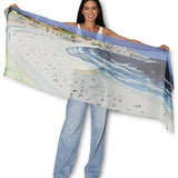 Model wearing The Artists Label Bondi Silk Chiffon Scarf, showcasing its lightweight, flowy fabric and vibrant design.