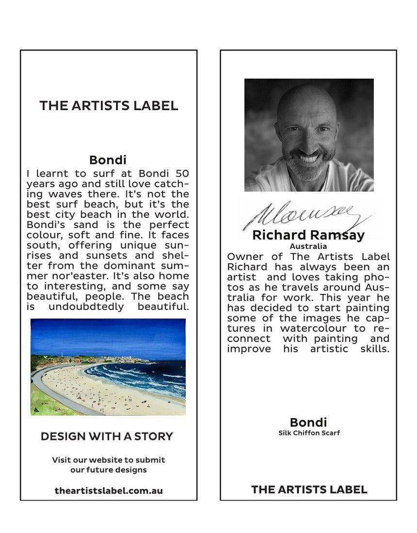 Silk chiffon scarf by The Artists Label featuring a vibrant Bondi design, displayed hanging with a brand hangtag.