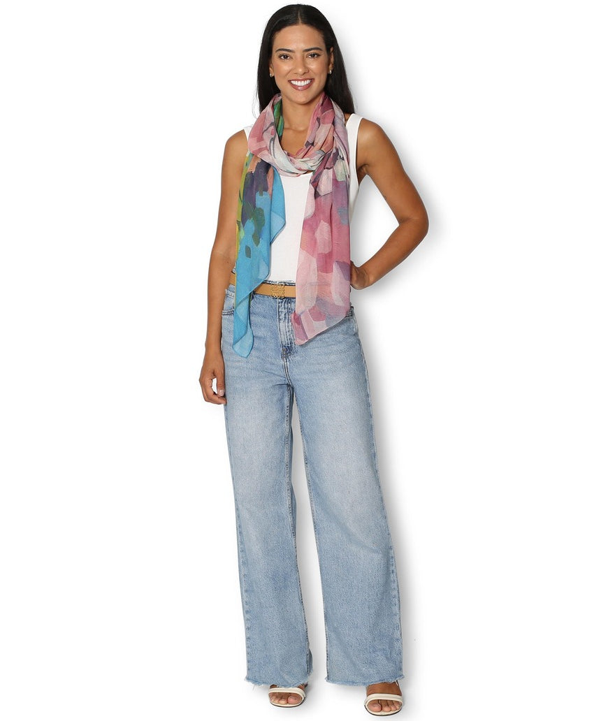 Pink Granite scarf by The Artists Label draped on a model, showcasing soft fabric and stylish design.