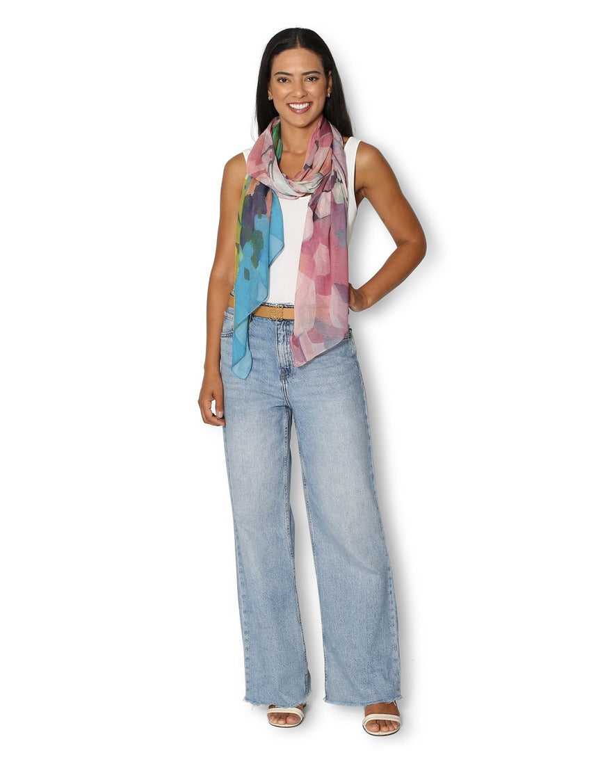 Pink Granite scarf by The Artists Label draped on a model, showcasing soft fabric and stylish design.