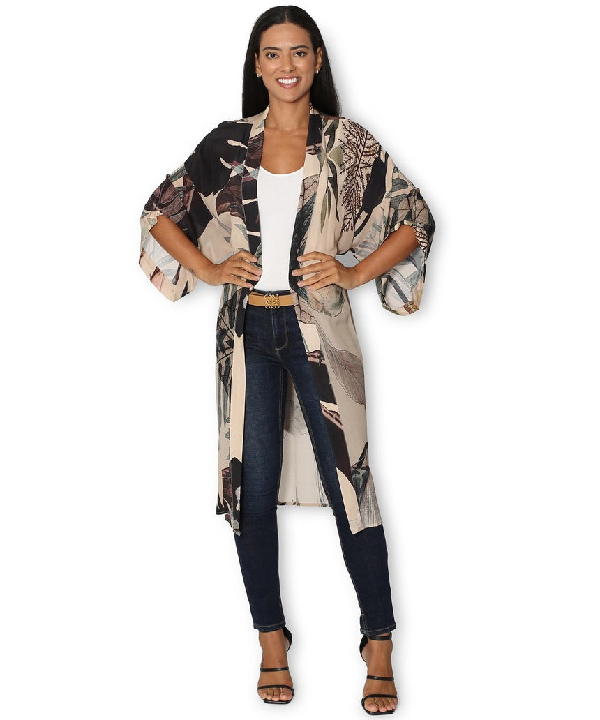 Front view of The Artists Label Radio Garden long silk kimono, showcasing its flowing fabric and elegant design.
