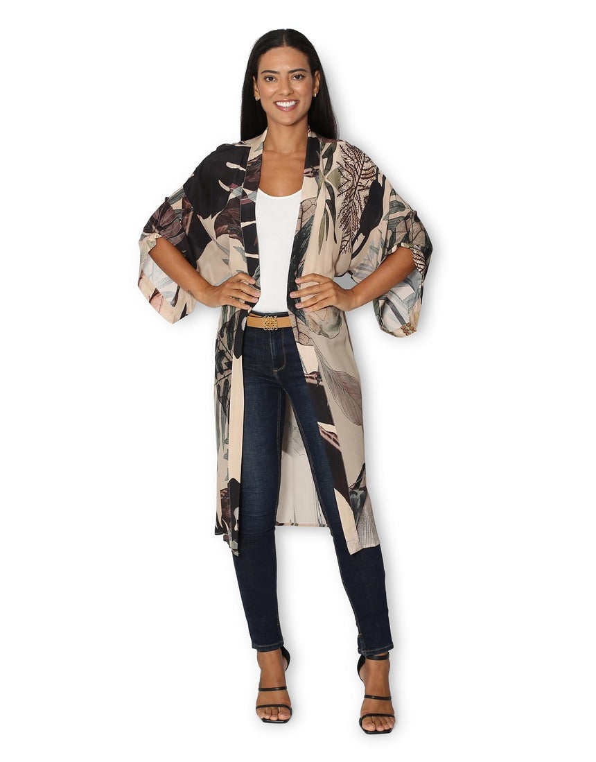 Front view of The Artists Label Radio Garden long silk kimono, showcasing its flowing fabric and elegant design.