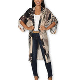 Front view of The Artists Label Radio Garden long silk kimono, showcasing its flowing fabric and elegant design.