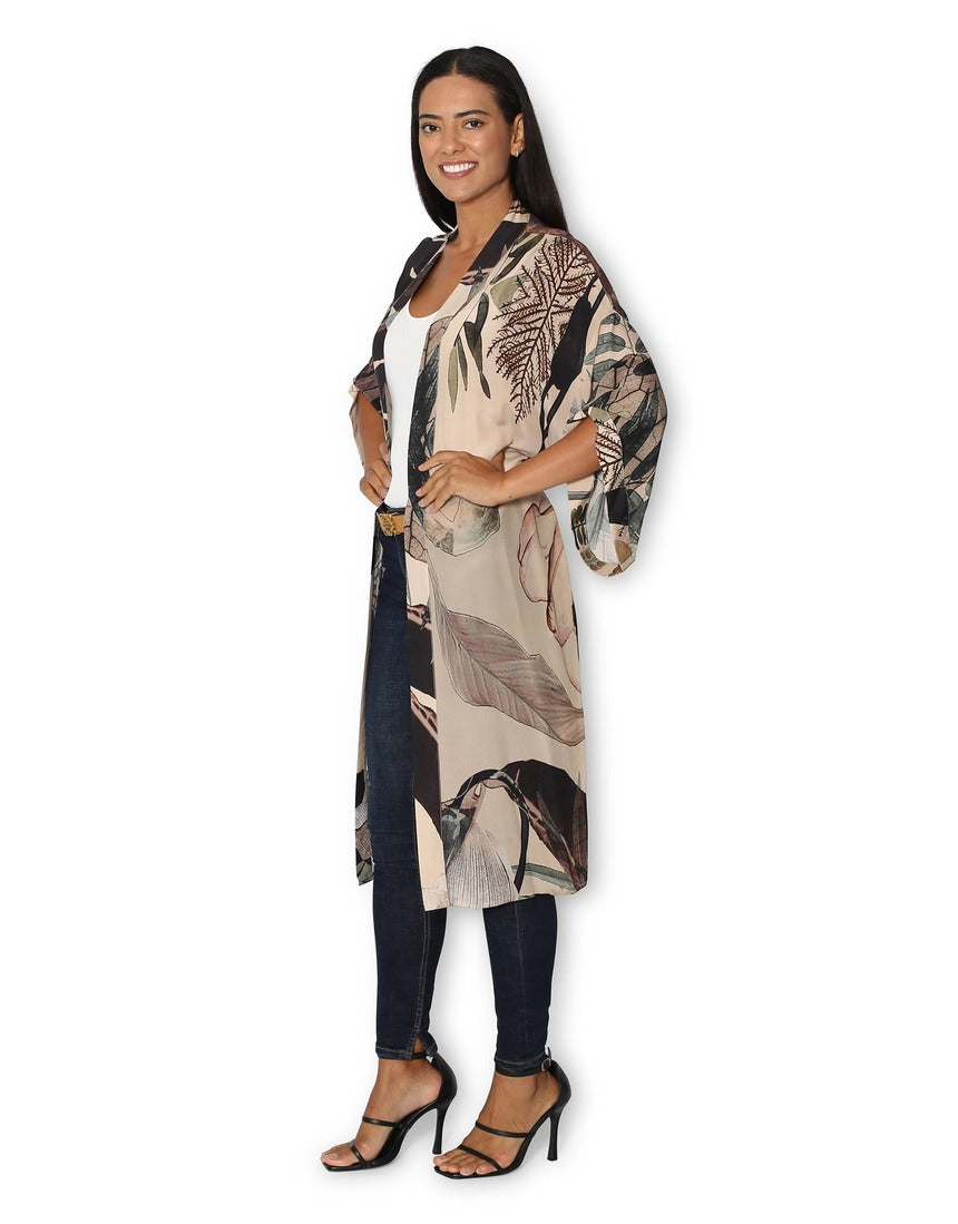 Side view of The Artists Label Radio Garden long silk kimono with flowing fabric and intricate design details.