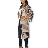 Side view of The Artists Label Radio Garden long silk kimono with flowing fabric and intricate design details.