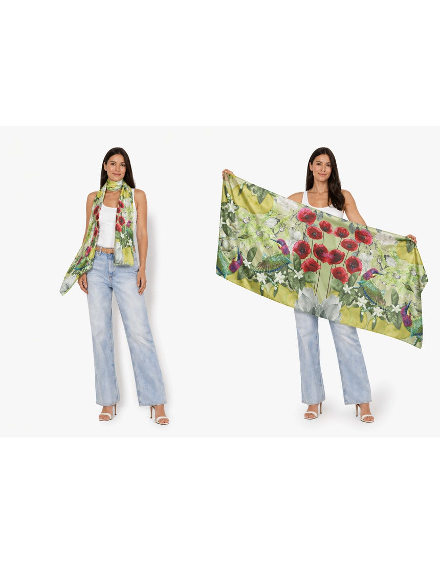 Silk chiffon scarf featuring orange floral and botanical patterns from The Artists Label Jardin D’Orange collection
