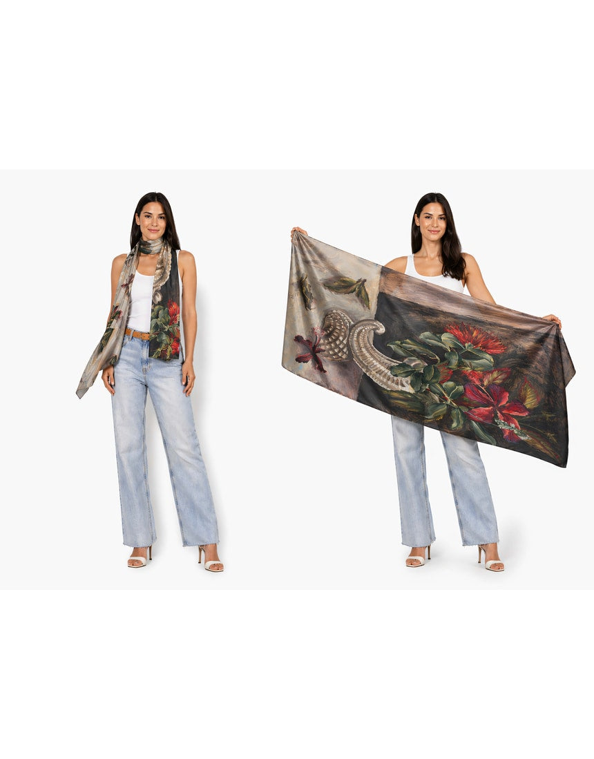 The Artists Label silk chiffon scarf featuring a vibrant Nas in a Vase design, showcasing intricate artwork and colorful fabric.