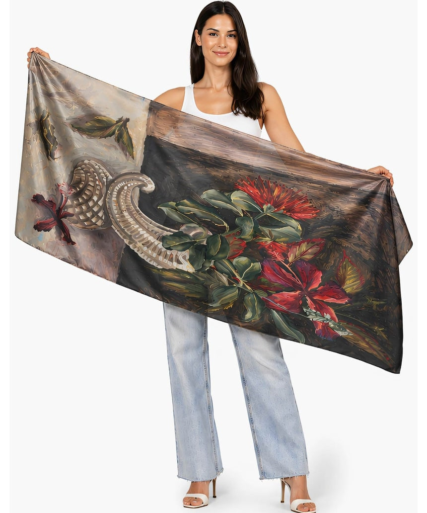Silk chiffon scarf by The Artists Label featuring a vibrant "Nas in a Vase" design with colorful floral artwork.