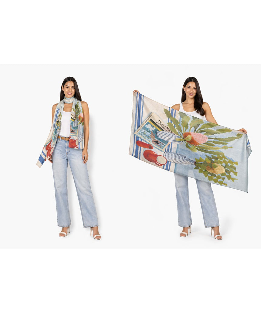 Silk chiffon scarf by The Artists Label featuring vibrant Banksias and Hockney-inspired floral design.