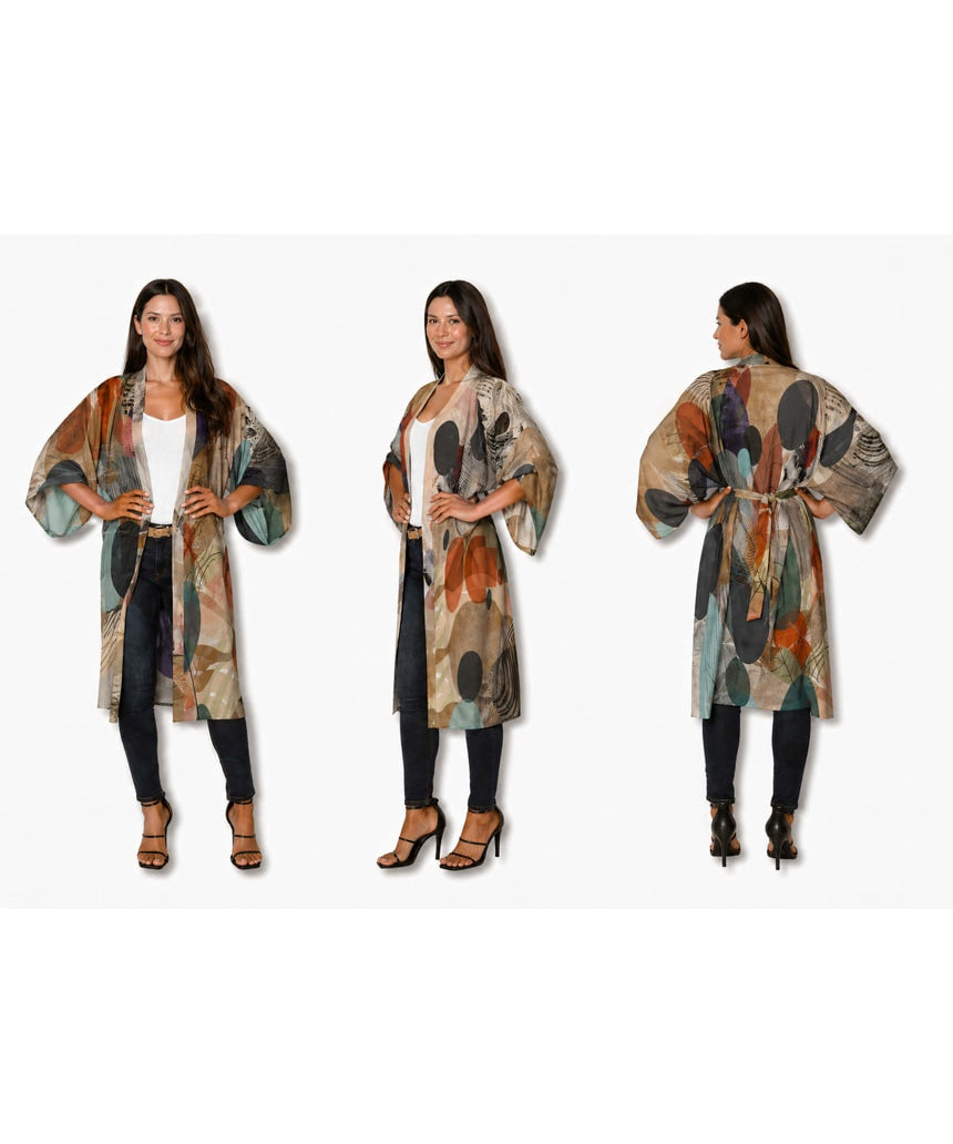 Elegant The Artists Label Atelier silk long kimono with wide sleeves and intricate patterns, displayed on a neutral background.