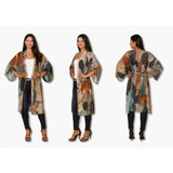 Elegant The Artists Label Atelier silk long kimono with wide sleeves and intricate patterns, displayed on a neutral background.
