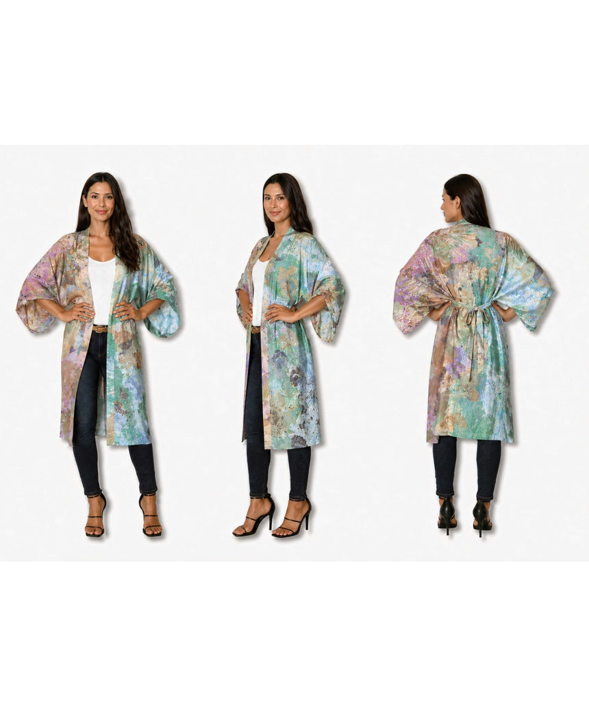 Silk long kimono by The Artists Label featuring a Coastal Whispers In Robe print with flowing fabric and elegant design.