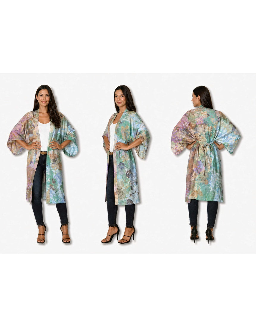 Silk long kimono by The Artists Label featuring a Coastal Whispers In Robe print with flowing fabric and elegant design.