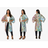 Silk long kimono by The Artists Label featuring a Coastal Whispers In Robe print with flowing fabric and elegant design.