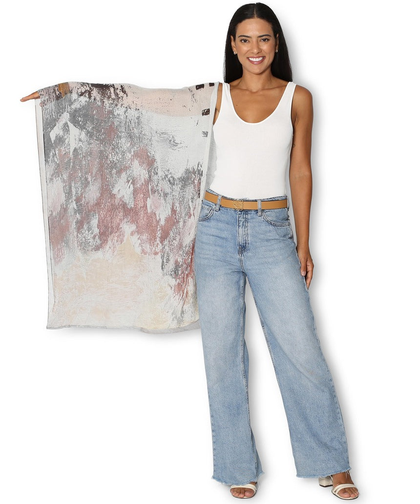 The Artists Label Steps to the Lake infinity scarf featuring a scenic, artistic design in soft, flowing fabric.