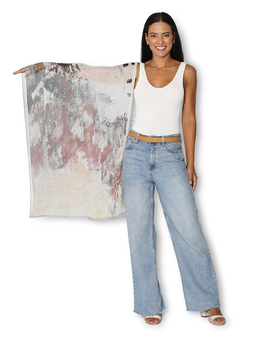 The Artists Label Steps to the Lake infinity scarf featuring a scenic, artistic design in soft, flowing fabric.