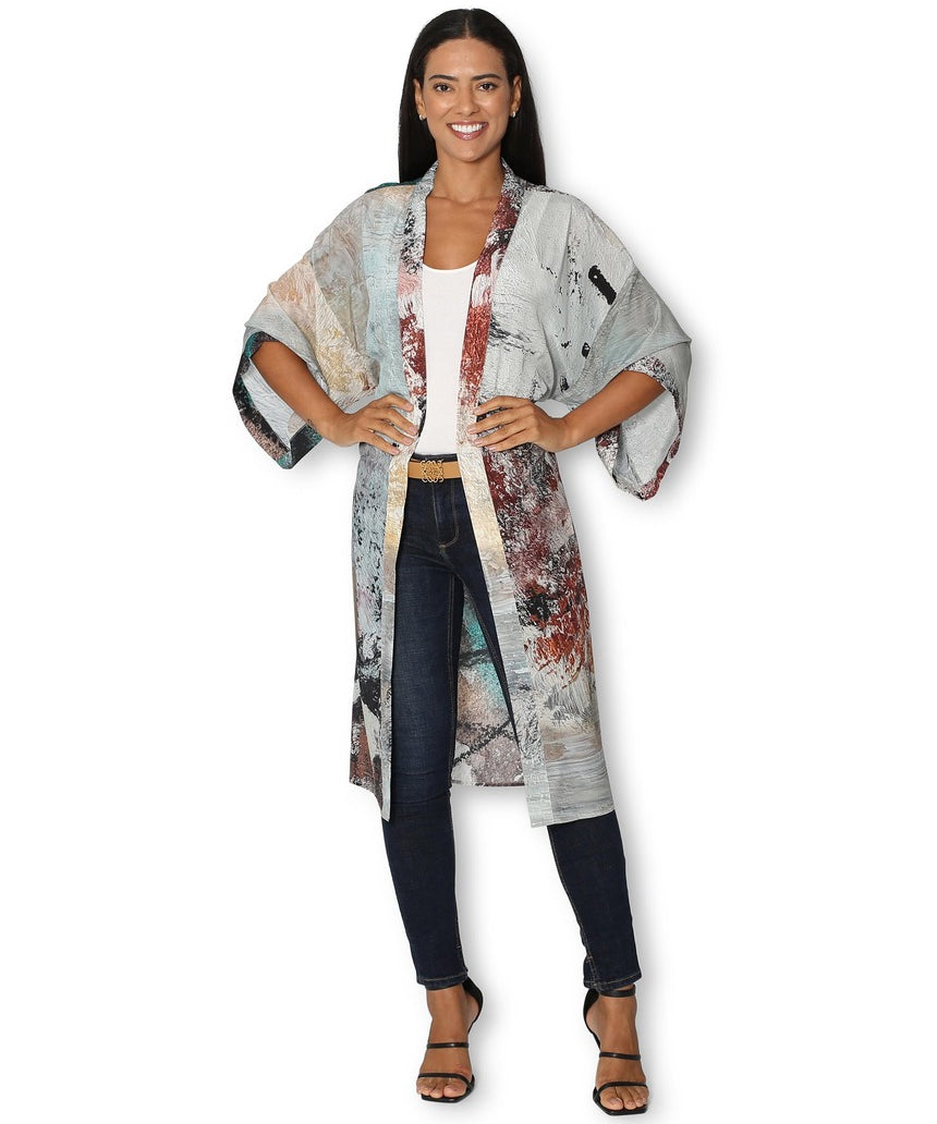 Front view of The Artists Label Steps to the Lake long silk kimono featuring flowing fabric and intricate design in soft, elegant tones.
