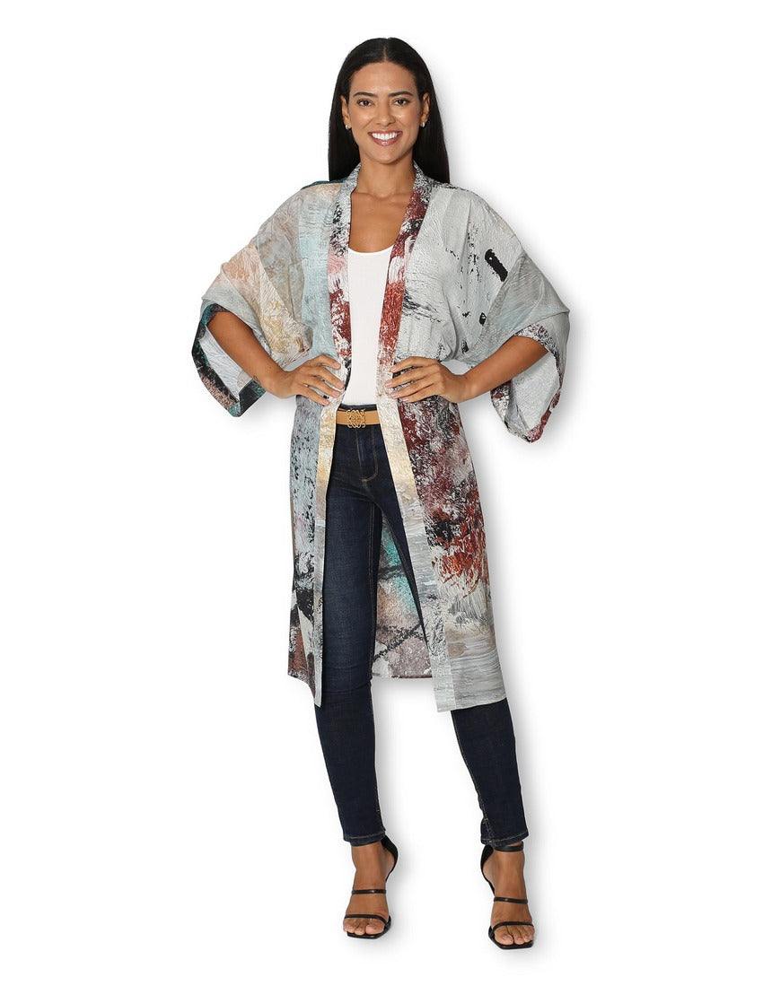 Front view of The Artists Label Steps to the Lake long silk kimono featuring flowing fabric and intricate design in soft, elegant tones.