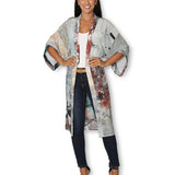 Front view of The Artists Label Steps to the Lake long silk kimono featuring flowing fabric and intricate design in soft, elegant tones.