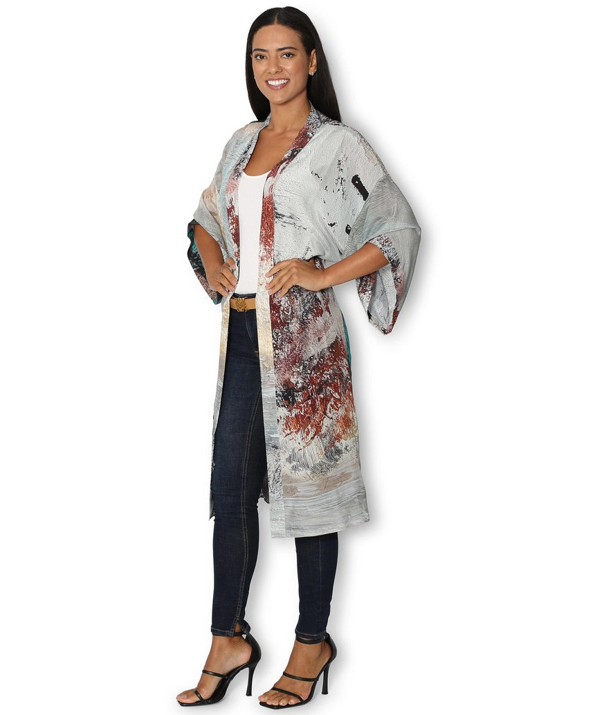 Long silk kimono by The Artists Label featuring a scenic Steps to the Lake design, shown from the side.