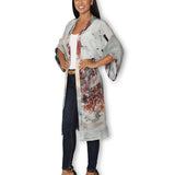 Long silk kimono by The Artists Label featuring a scenic Steps to the Lake design, shown from the side.