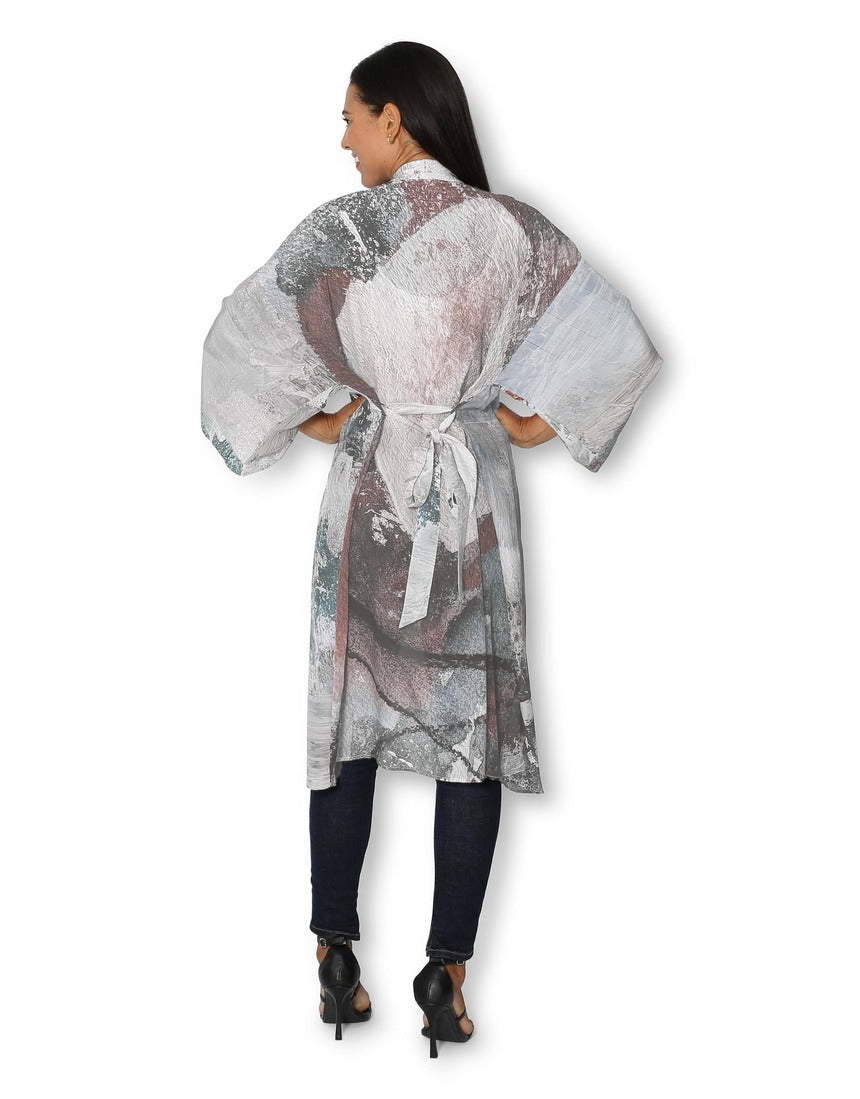 Back view of The Artists Label long silk kimono titled "Steps to the Lake," showcasing its flowing fabric and elegant design.