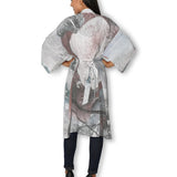 Back view of The Artists Label long silk kimono titled "Steps to the Lake," showcasing its flowing fabric and elegant design.