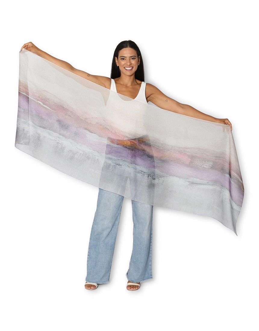 The Artists Label Transformation silk chiffon scarf featuring vibrant abstract patterns in bright colors and flowing fabric.