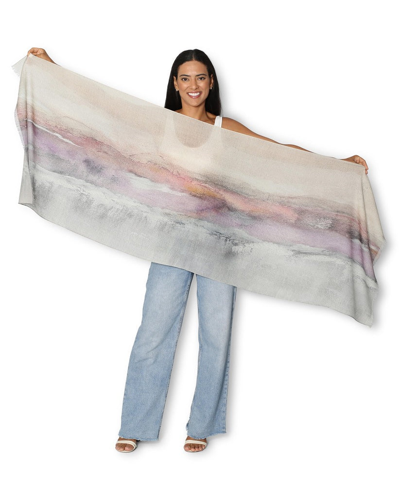 Flat view of The Artists Label Transformation Wool Scarf featuring soft, woven fabric in neutral tones.