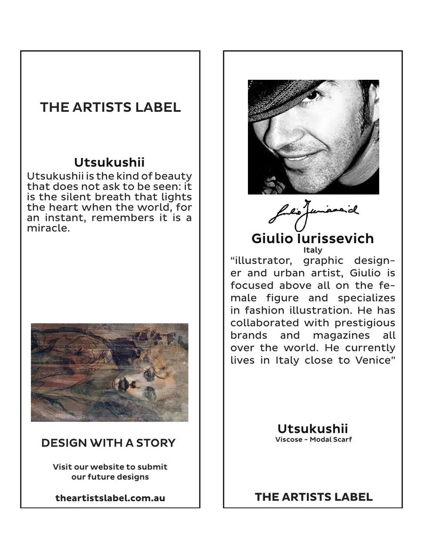 The Artists Label Utsukushii scarf displayed hanging with a tag, showcasing its soft fabric and elegant design.