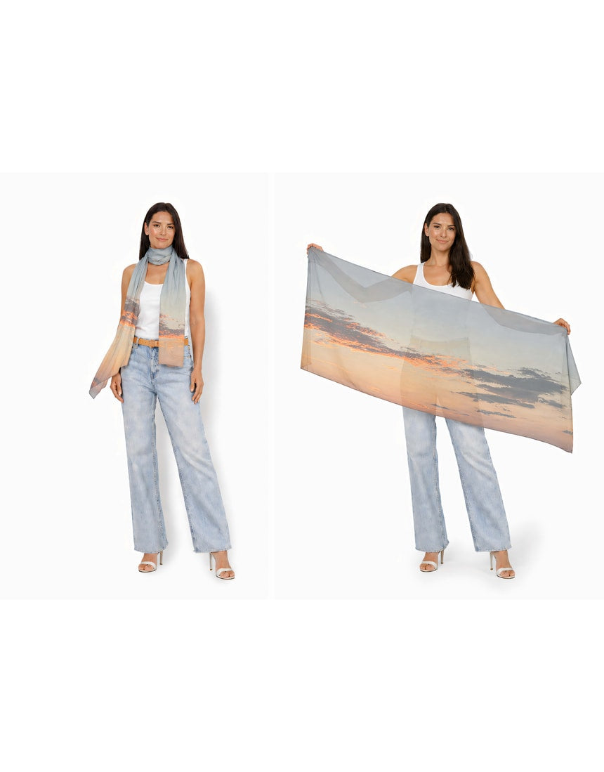 The Artists Label Arrival Viscose Modal Scarf featuring soft, lightweight fabric with a stylish, abstract pattern in neutral tones.