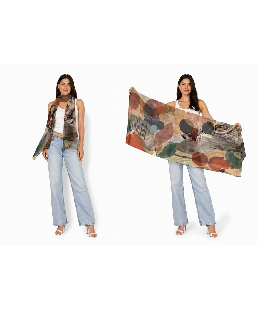 The Artists Label Atelier viscose modal scarf featuring a soft, flowing fabric with a stylish, artistic pattern in vibrant colors.