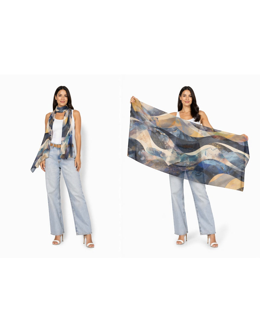 The Artists Label Celestial Waves viscose modal scarf featuring a flowing wave pattern in soft, elegant fabric.