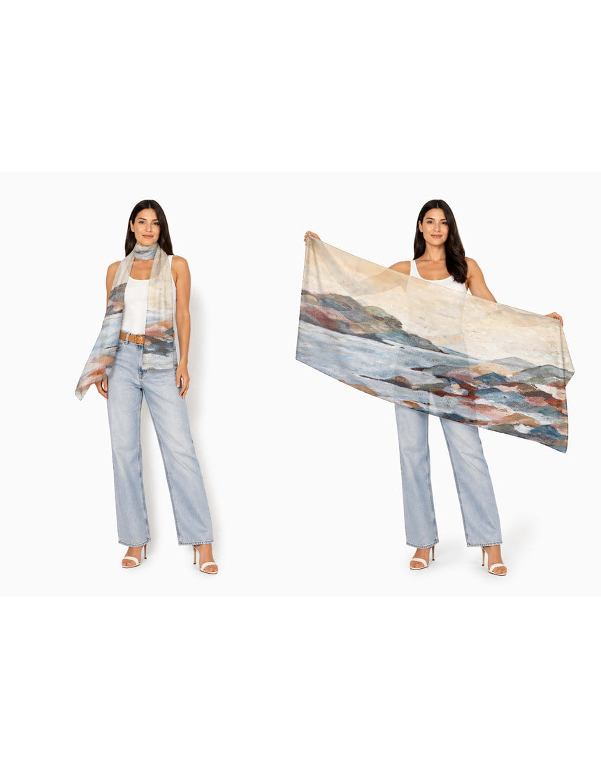 The Artists Label Coastal Mist viscose modal scarf featuring soft, flowing fabric with a subtle coastal-inspired pattern.