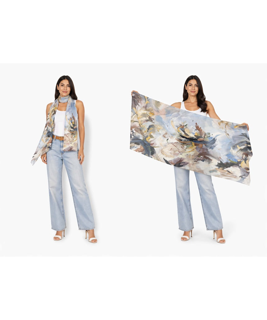 The Artists Label Echoes of Creation viscose modal scarf with abstract pattern and soft, flowing fabric in vibrant colors.