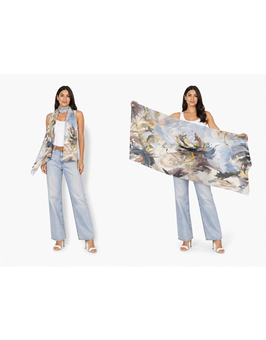 The Artists Label Echoes of Creation viscose modal scarf with abstract pattern and soft, flowing fabric in vibrant colors.