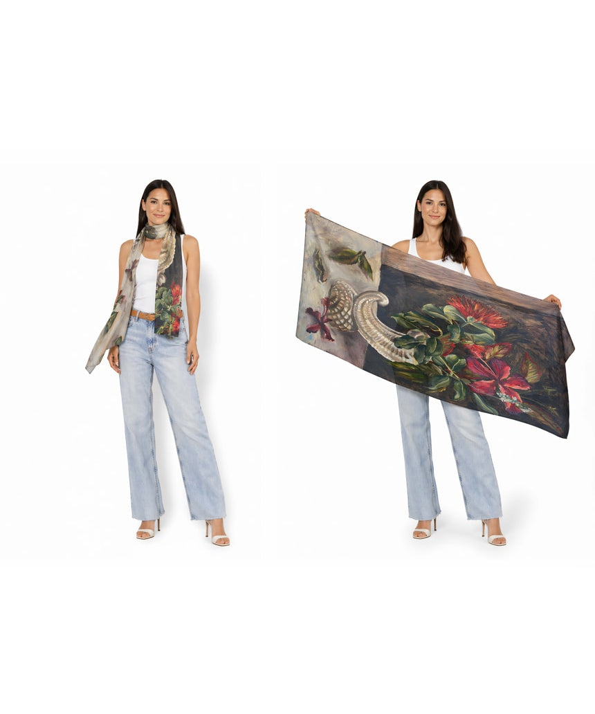 The Artists Label Nas In A Vase viscose modal scarf featuring vibrant floral and abstract artwork in bright colors.