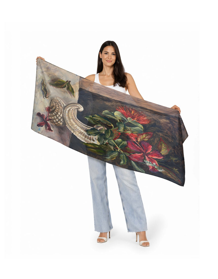 The Artists Label viscose modal scarf featuring a Nas in a Vase design with vibrant colors and artistic pattern.