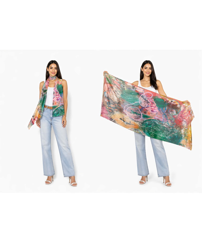 Colorful viscose modal scarf from The Artists Label with a vibrant "Your Magic Eyes" design, featuring intricate patterns and soft fabric.