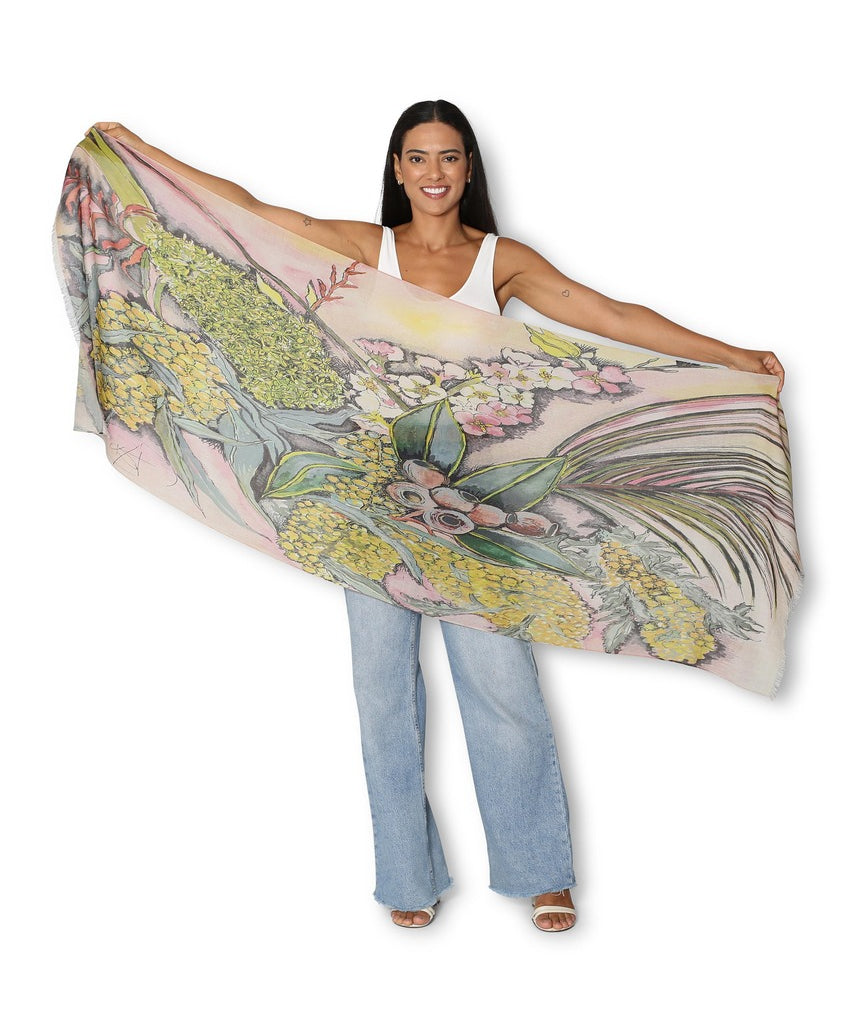 Wattle Blossom Wool Scarf by The Artists Label, soft and patterned wool accessory displayed flat.