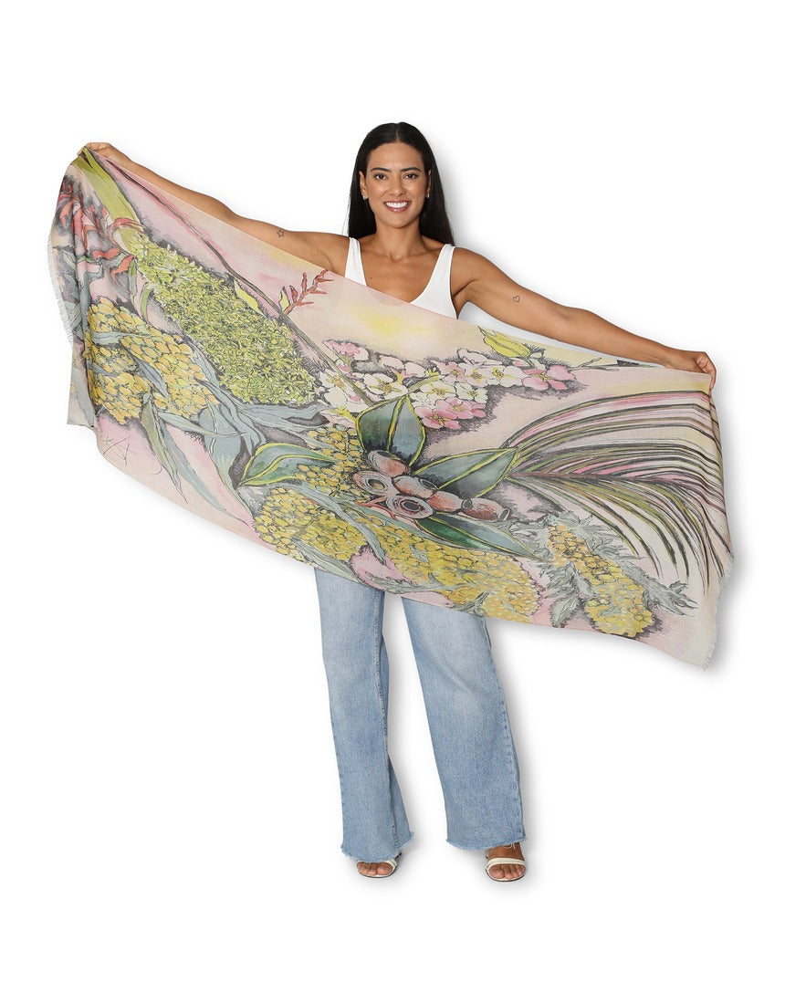 Wattle Blossom Wool Scarf by The Artists Label, soft and patterned wool accessory displayed flat.