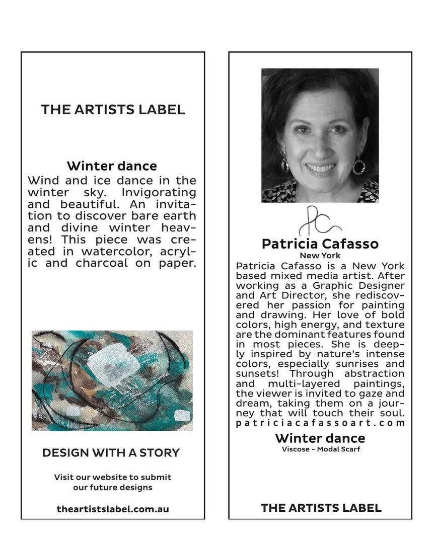The Artists Label Winter Dance Scarf displayed hanging with a visible hangtag, showcasing soft fabric and stylish design.